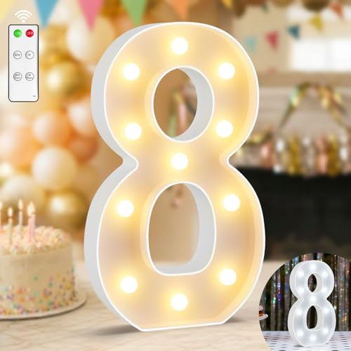 Ledido 12.6 Inch Large Light Up Number 8 for 8th Birthday Decoration | Warm White & Cool White Light Up Number with Remote for Party Wedding Anniversary, 8th Birthday Decoration for Women Men