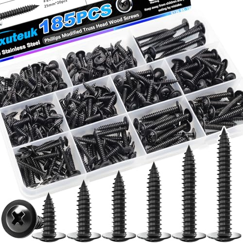 mxuteuk 185PCS #8 Black Wood Screws,Phillips Modified Truss Head Black Screws for Wood,410 Stainless Steel Quick Metal Self Tapping Screw for DIY Projects Home Repairs,6 Sizes 1/2 to 1-2