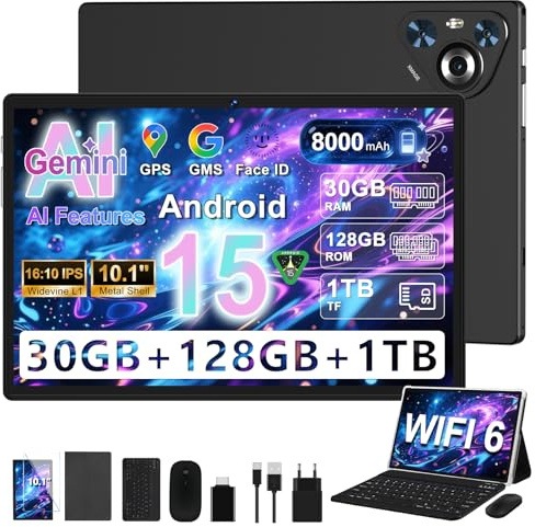 2025 Tablette Android 15 10 Écran IPS HD | 30Go RAM 128Go + TF 1To | Octo-Core 8000mAh | Wi-Fi 6 | Widevine L1 | Caméra 8MP+5MP | Châssis en métal | Tablet tactile avec Clavier et Souris | Noir