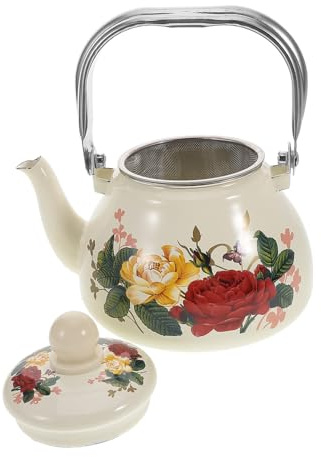 Teiera Smaltata Floreale 1l Filtro, Bollitore da Tè | Disegno di Fiori Elegante, Superficie Facile da Pulire e Resistente alla Ruggine, Uso per Ufficio e Infusione