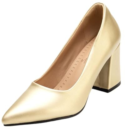Vrupons pumps med blockklack | 8 cm klack höga klackar för kvinnor kontor & fast bred passform, Guld, 32 EU