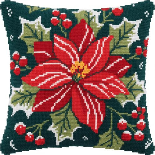 Henypt Kit de Almohadones con Cierre de Gancho flores de Navidad Kit De Cojines De Pestillo 43X43cm Funda de Cojín para Sofá, Latch Hook Manualidades Kits