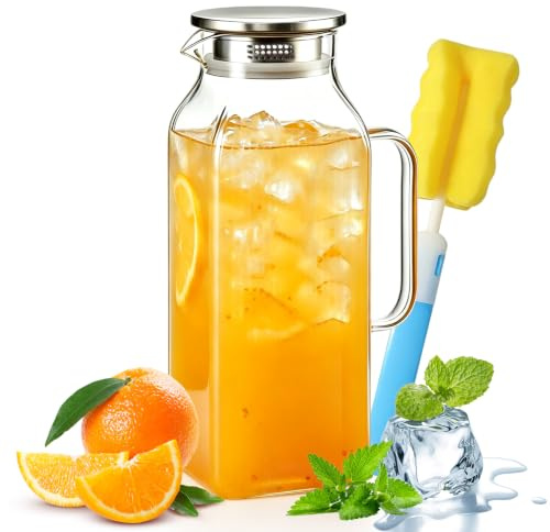 Jarra de cristal de 2 l, jarra de agua de vidrio de borosilicato con tapa de acero inoxidable, jarra cuadrada para puerta de frigorífico, jarra de agua resistente al calor para agua fría/caliente, té