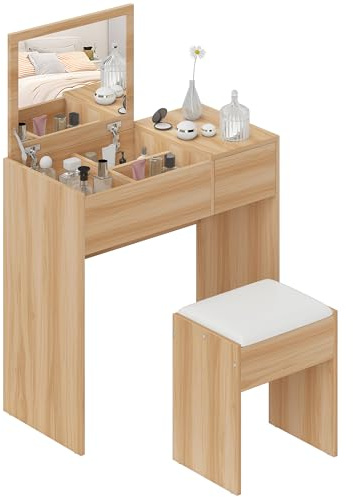 Homcom Spanplatte Kosmetiktisch Schminkkommode Set Gepolsterte Hocker aufklappbare Spiegel Schublade Holzmaserung Farbe