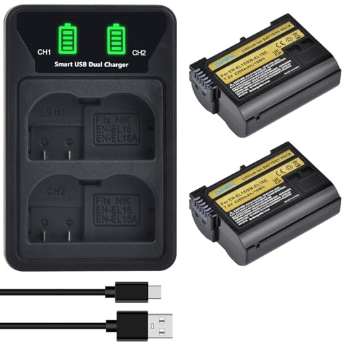 DuraPro Lot de 2 batteries 2280 mAh EN-EL15C EN-EL15 + chargeur LED USB double avec port de type C pour Nikon EN-EL15a EN-EL15b Z6 II Z7 II Z5 Z6 Z7 D500 D600 D750 D800 D810 D850