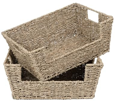 StorageWorks Wicker Storage Basket for Pantry Organizers and Storage, Stackable Seagrass Pantry Baskets for Shelves, 2-Pack