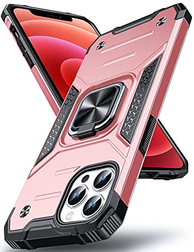 DASFOND Designed for iPhone 12/iPhone 12 Pro Case, Military Grade Shockproof Protective Phone Case Cover with Enhanced Metal Ring Kickstand [Support Magnet Mount] for iPhone 12 6.1 inch,Rose Gold
