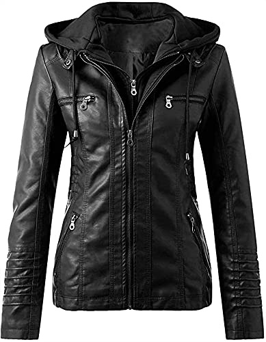 Lederjacke Damen Herbst Winter Motorrad Jacke Bomberjacke Bikerjacke mit Reißverschluss Kapuzen Übergangsjacke Frauen Oberbekleidung (Color : Black, Size : XL)