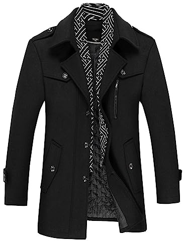 Allthemen Trench Corto Invernale da Uomo Trench di Lana Cappotto Spessa e Sottile Soprabito Parka Giacca a vento Giacca con risvolto Nero M