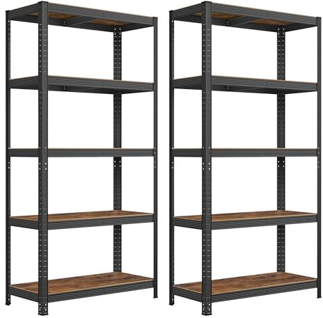 SONGMICS Lot de 2, Étagère de Rangement à 5 Niveaux, 40 x 90 x 180 cm, Capacité 875 kg, Planches Réglables, Style Industriel, pour Cuisine, Salon, Marron Rustique et Noir GLR040B12