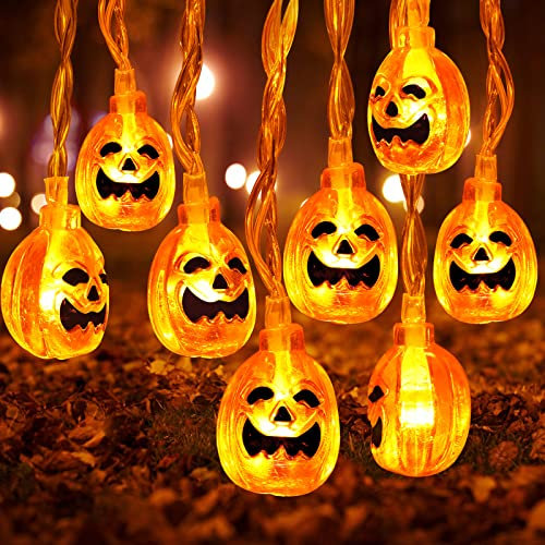OUILA Halloween Deko Lichterkette 4.5M 30 LEDs Orange Kürbis Batteriebetrieben LED Wasserdichte Kürbis Lichter Halloween Beleuchtung Dekoration für Weihnachten Party Außen & Innen