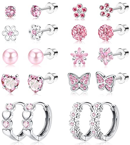 JeweBella Set med 10 par små örhängen, för kvinnor/flickor, rostfritt stål, söta knappörhängen, fjäril, blomma, CZ, rosa hjärta, runda örhängen, skruv bak, flerfärgade allergivänliga örhängen i set