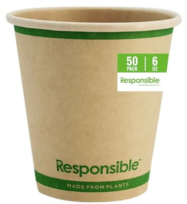 Responsible Products 6 oz Paper Hot Cups, Tree-Less™ Compostable Paper Coffee Cups, Extra Strength, Tree-Free and Made Without PFAS, Natural Brown (50 Count)