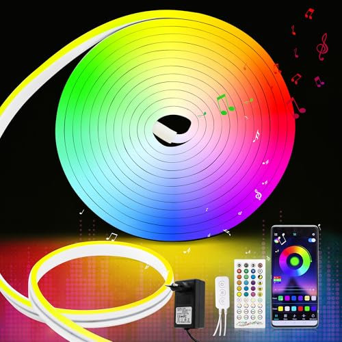 RGB LED Strip 5M, Neon LED Streifen Farbwechsel, Musik-Sync, Wasserdichte, Silikon DIY Flexibler Lichtstreifen mit Fernbedienung, APP Steuerung für Innen und Außendekoration(Inklusive Adapter)