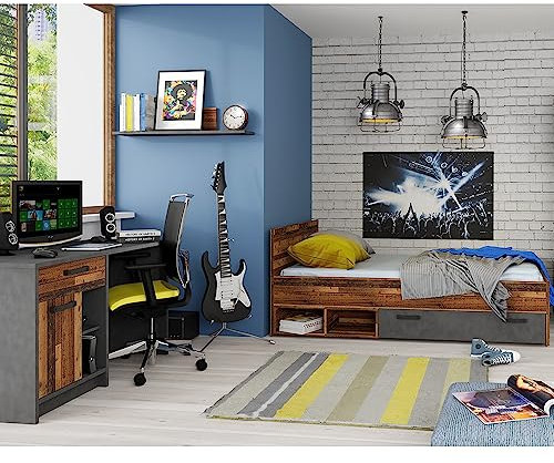Lomadox Jugendzimmer Set mit Bett 90x200 und Schreibtisch, in grau mit Holz, Arbeitsplatz, Kinderzimmer Möbel, Bettgestell, Studentenzimmer