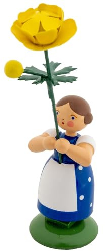 Seiffener Volkskunst Jan Legler | Wiesenblumenmädchen Blumenkinder | Handwerkskunst aus dem Erzgebirge | Holzfigur Frühlingsdeko | 12 cm | mit Trollblume