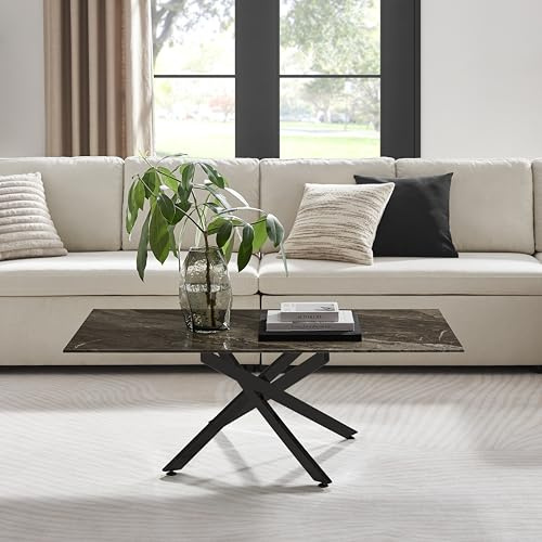 Furniturebox UK Leonardo Glass Dark Marble Effect Coffee Table - Semi Matte Black Metal Legs In Stylish Nested Starburst Design - Modern Living Room Furniture for Contemporary Homes
