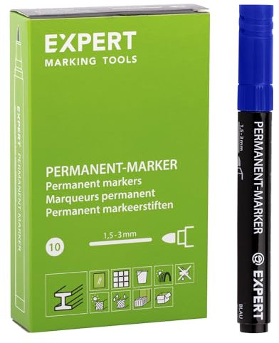 EXPERT Permanentmarker Blau 10er Pack | Rundspitze, wasserfest & schnelltrocknend | Sicher ohne Xylol & Toluol | Ideal für Glas, Holz, Metall, Kunststoff | Im Kartonetui