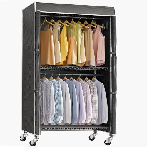 VIPEK V12C Mini Schwerlast-Kleiderständer Rollgarderobe mit Abdeckung Verstellbarer Kleiderständer zum Aufhängen von Kleidung, tragbare Schränke mit Doppelstangen, Kleiderschrank auf Rollen, schwarzes