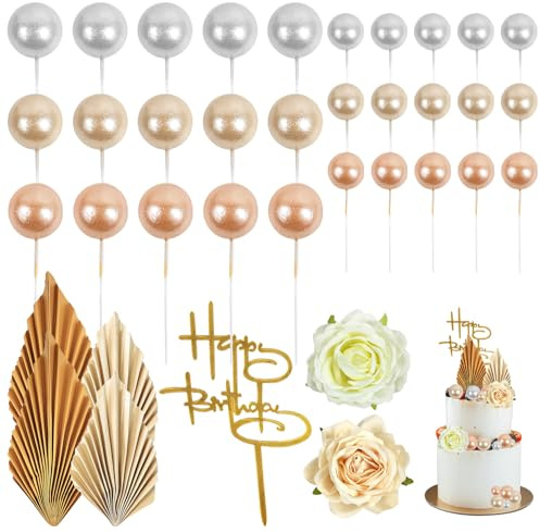 37 Stück Weiß Gold Hochzeit Tortendeko Kugeln Cake Topper, Boho Champagner Rose Geburtstag Kuchendekoration, Blumen Deko Torte für Hochzeit Geburtstag Babyparty
