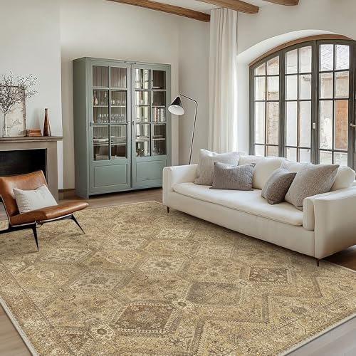 Bavni 8x10 Area Rugs for Living Room, Machine Washable Rug Non Slip, Vintage Chenille Distressed Print Carpet, Large Low Pile Ultra-Thin Lightweight Rugs for Bedroom, Dining Room, Office, Nut Brown