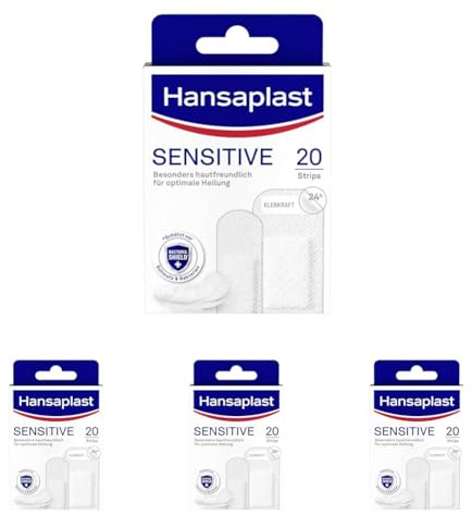 Hansaplast Sensitive Pflaster (20 Strips), hautfreundliche und hypoallergene Wundpflaster mit Bacteria Shield & sicherer Klebkraft, schmerzlos zu entfernende Pflaster (Packung mit 4)
