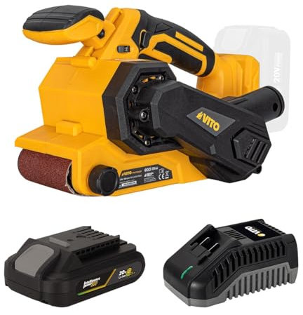 VITO - Ponceuse à bande 20V Batterie Lithium 2Ah 6 vitesses variables Ponçage 76 x 120 mm Poignée Sac collecte poussières Chargeur