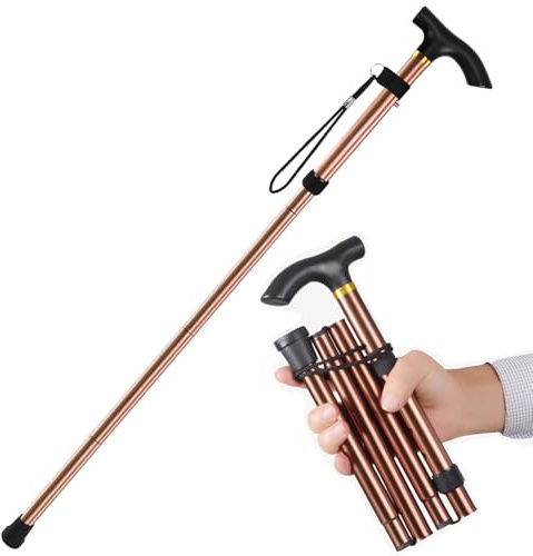Favuit Vikbar promenadkäpp, höjdjusterbar aluminium bergstav promenadkäpp halkfri bärbar vandringsstav promenadkäppar med handledsrem och T-handtag för seniorer män och kvinnor (kaki)