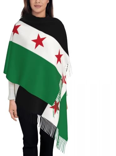 TDNEKMCA Langer weicher Damenschal mit syrischer Flagge, Schal, Wickelschal, großer weicher warmer Winterschal, lässiger Pashmina-Stolen im Quastenstil, Grün, Weiß, Schwarz, 72, 9 x 196, 1 cm