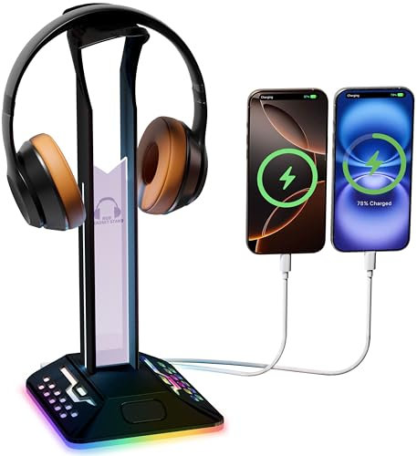 SOURCELLL RGB Headphone Stand with 2 USB 2.0 Extension Charging Port Extender Cord,Desk Gaming Headset Holder,Cool LED Headphone Holder PC Gaming Accessories,Gamer Gifts