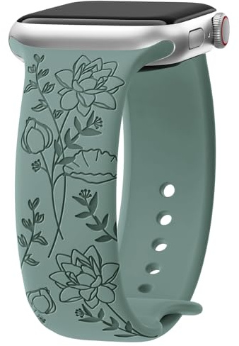 Yoohoo Floral Engraved Band for Apple Watch Straps 38mm 40mm 41mm 42mm | Soft Silicone Sport Band for Women,Cute Lotus Flower Strap for iWatch Series 11 10 9 8 7 6 5 4 3 2 1 SE Ultra,Cactus