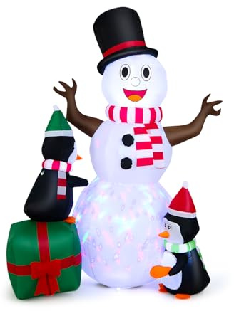COSTWAY Pupazzo di Neve Gonfiabile da 180 CM con Pinguini, Decorazione Gonfiabile Natalizia con Luci LED Bianche e Colorate, Soffiatore Potente, per Cortile, Prato e Portico