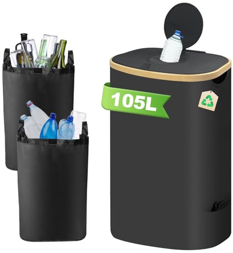 TFCIOD 105L Collecteur de Bouteilles avec Couvercle, Poubelle Tri Selectif Consignées pour Plastique, Bouteilles Verre avec 2 Sacs de Transport, Poubelle Recyclage avec Poches Latérales (Noir)