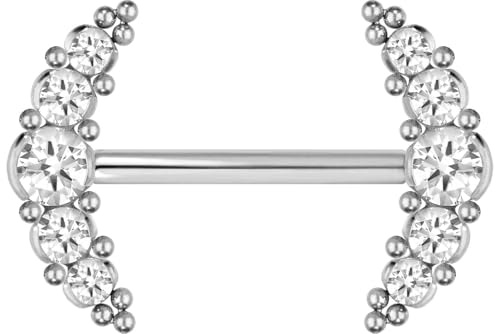 PIERCINGLINE Titan Barbell mit Push Fit 5 KRISTALLE + KUGELN Brustwarzenpiercing Nippelpiercing Farb & Größenauswahl