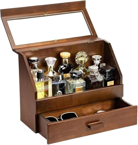 Emfogoo Parfymarrangör för män, parfymskåp med lådor, parfymarrangör, parfymdisplay display för parfym, smycken och kosmetika, bra present (valnötsfärg)