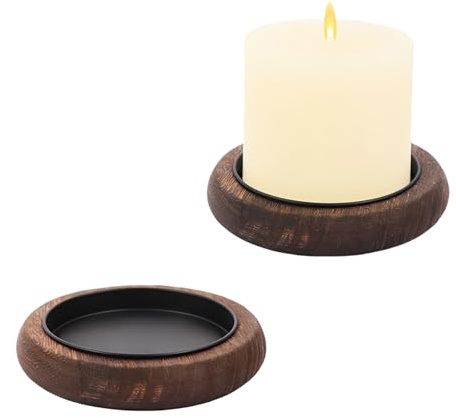 GUOYOU 2 Pcs Wood Candle Holder Round Candle Coasters Wooden 10x2CM | Tealight Pillar Trays Farmhouse Wooden Pillar Candles Tray for Christmas Coffee Table Centerpiece Wedding Event Home Decor