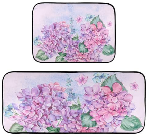 Küchenteppiche, rutschfest, waschbar, schickes Vintage-Blumenmuster, natürliche Hortensien, Rosa, Anti-Ermüdung, Bodenmatte, Stehmatte für Küche, Flur, Läufer-Set, 2 Stück