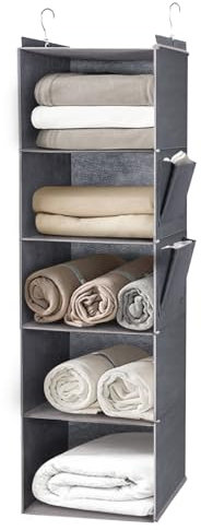 DPWEION Hanging Storage Shelves with 5 Shelves Foldable Hanging Wardrobe Closet Organiser Unit with 2 Side Pockets for Clothes Accessories for Bedroom (Grey)