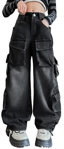 Rolanko Baggy cargobyxor för flickor, elastisk hög midja, raka breda ben, streetwear, jeans med flera fickor, Retro svart, 13-15 år