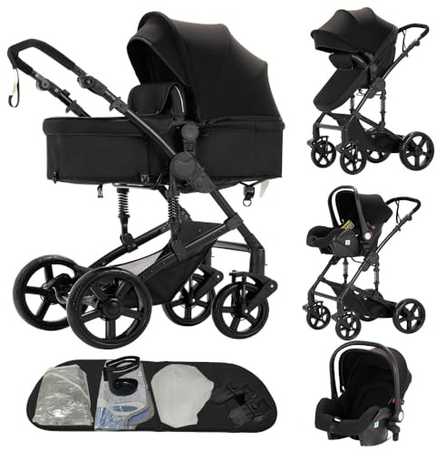 kinderwagen 3 in 1,Dreibucherrahmen & Doppel-Federung,Ein-Klick-Faltmechanismus für Neugeborene und Kleinkinder(Schwarz)
