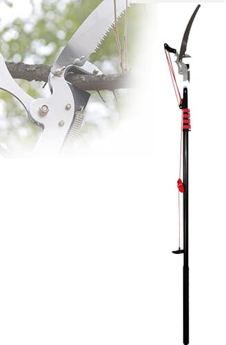 Telescopic Pole Pruner with Ratchet Pulley and Scissors, Extendable Tree Trimmer for Long Reach Tall Tree Pruning and Branch Cutting