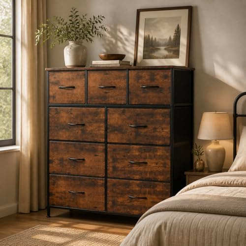 DUMOS Kommode mit Schubladen - Kommoden & Sideboards für Schlafzimmer Geeignet, Komodenschrank mit 9 Schubladen, Stoffkommode mit Stabilem Stahlrahmen, Ideal für Schlafzimmer, Wohnzimmer(Vintagebraun)