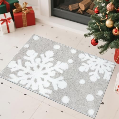 AIBILIN Weihnachtsteppich, rutschfeste Schneeflocke, graue Matte für Badezimmer, Urlaub, getuftete Bodenmatte, Wohnzimmer, Küche, Schlafzimmer, Weihnachtsdekoration, Requisiten, 80 x 50 cm