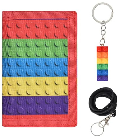 Luxvara Cartera para Niños y Niñas con Llavero Bloques De Construcción, Monedero Infantil Carteras, Monederos Trípticos Carteras Toddler con Mosquetón, Cordón para el Cuello y Llavero