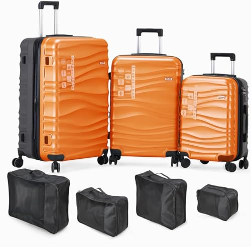 DMS® 7-teiliges Kofferset ABS Hartschale – 3 Trolleys (M/L/XL) mit 360° Rollen & Zahlenschloss + 4 Kleidersäcke – Reisekoffer Set leicht, robust, erweiterbar Urlaub & Business (Orange)
