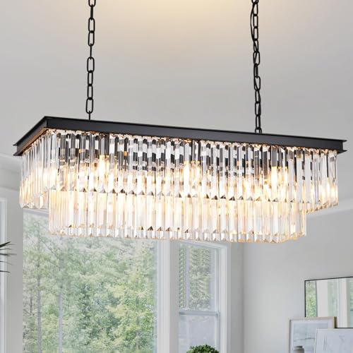 MSSIAN Moderner schwarzer ovaler Kristall-Kronleuchter, E14×8 Lampen, rechteckige große Kristall-Pendelleuchte für Schlafzimmer, Esszimmer,Eingangsbereich, L80cm
