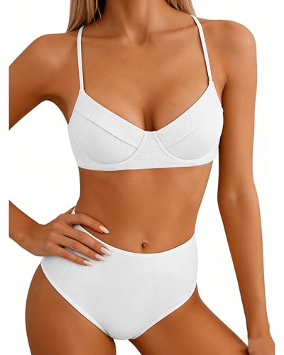 Jolefille Underwire Bikini Sets for Women High Waisted Swimsuits Tummy Control Ribbed Bathing Suits 2 Piece Push Up Swim Suit