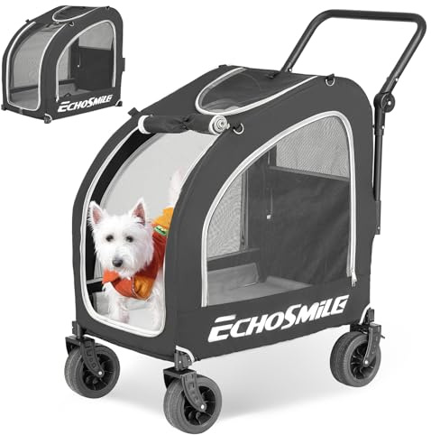 EchoSmile Hundewagen für Kleine und Mittelgroße Hunde bis 20kg, Geländegängige Faltbar Hundebuggy mit Doppelbremsen, Sicherheitsgurte im Auto & Netzfenstern, Schwarz