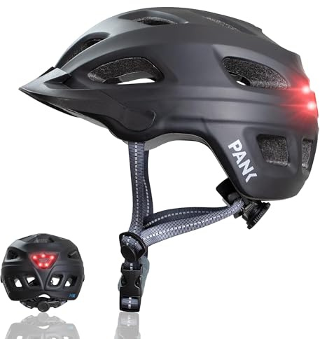 PANK Casco Bicicleta Adulto - Certificado CE, Ultraligero de 325g con 15 Ventilaciones Casco MTB - luz LED Trasera & 3D Acolchado, Unisex Ajustable - Negro (54-61 cm)