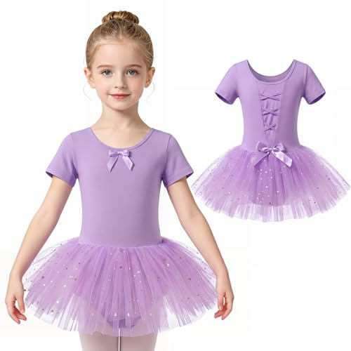 JinBei Justaucorps Danse Fille Coton Doux Manches Courtes, 4-5 Ans, Violet